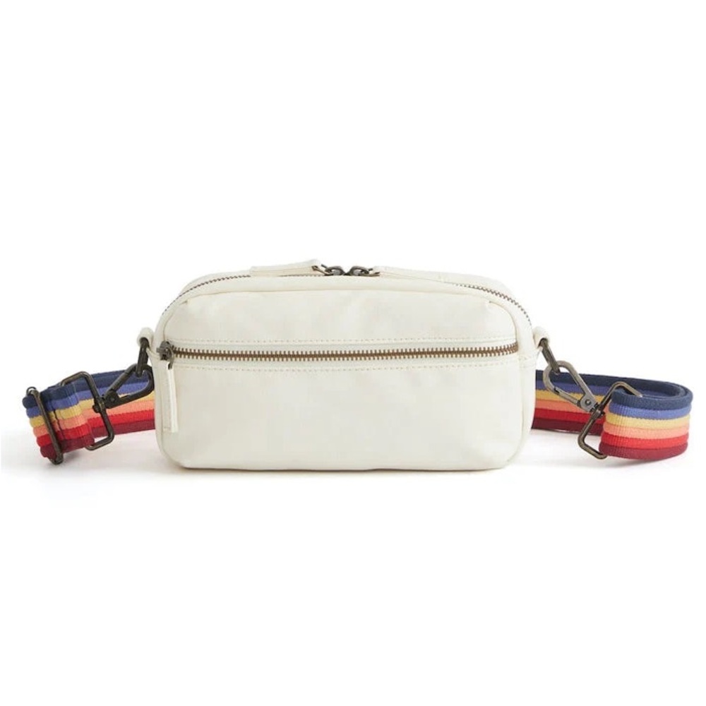 Marine Layer natural fanny pack sling bag with rainbow strap